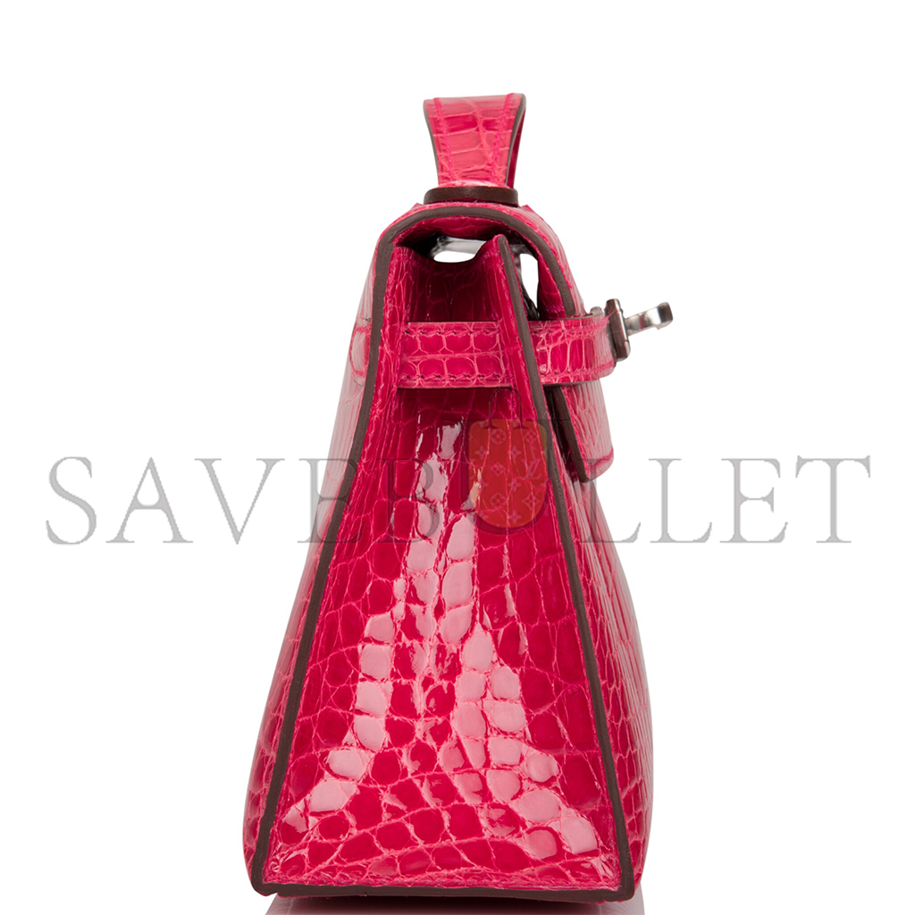 HERMÈS MASTER ROSE EXTREME MINI KELLY POCHETTE OF SHINY MISSISSIPPIENSIS ALLIGATOR PALLADIUM HARDWARE (22*14*7cm)